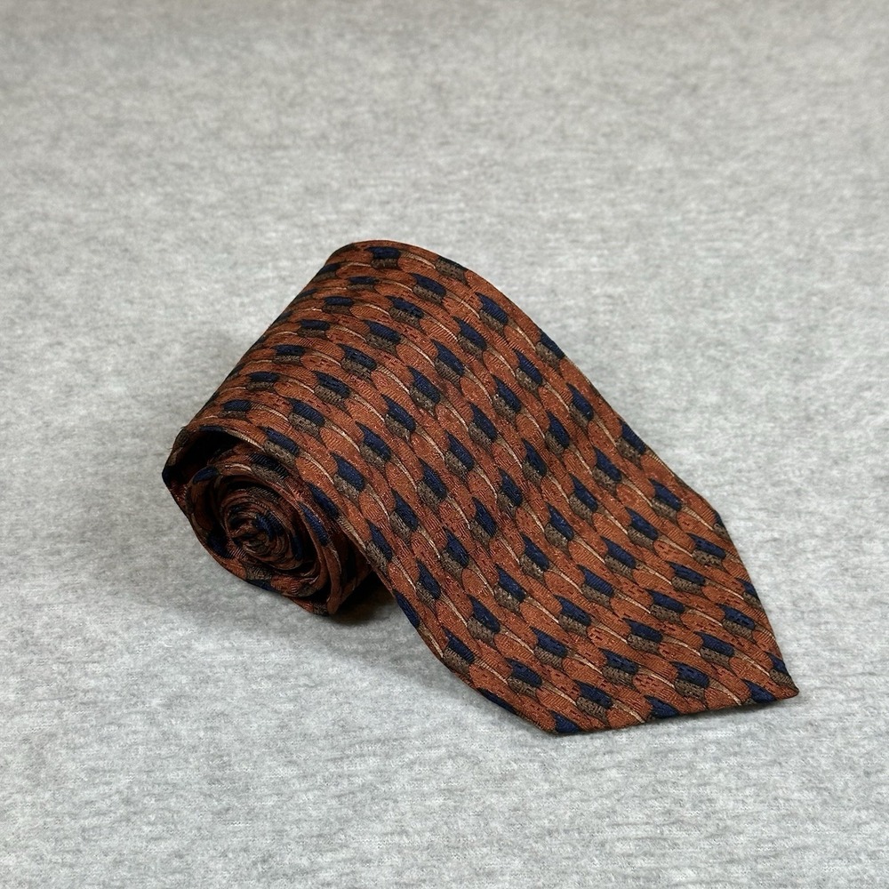 JZ Richards Necktie Orange Black Geometric Pattern Silk Handmade USA 59x3.75"